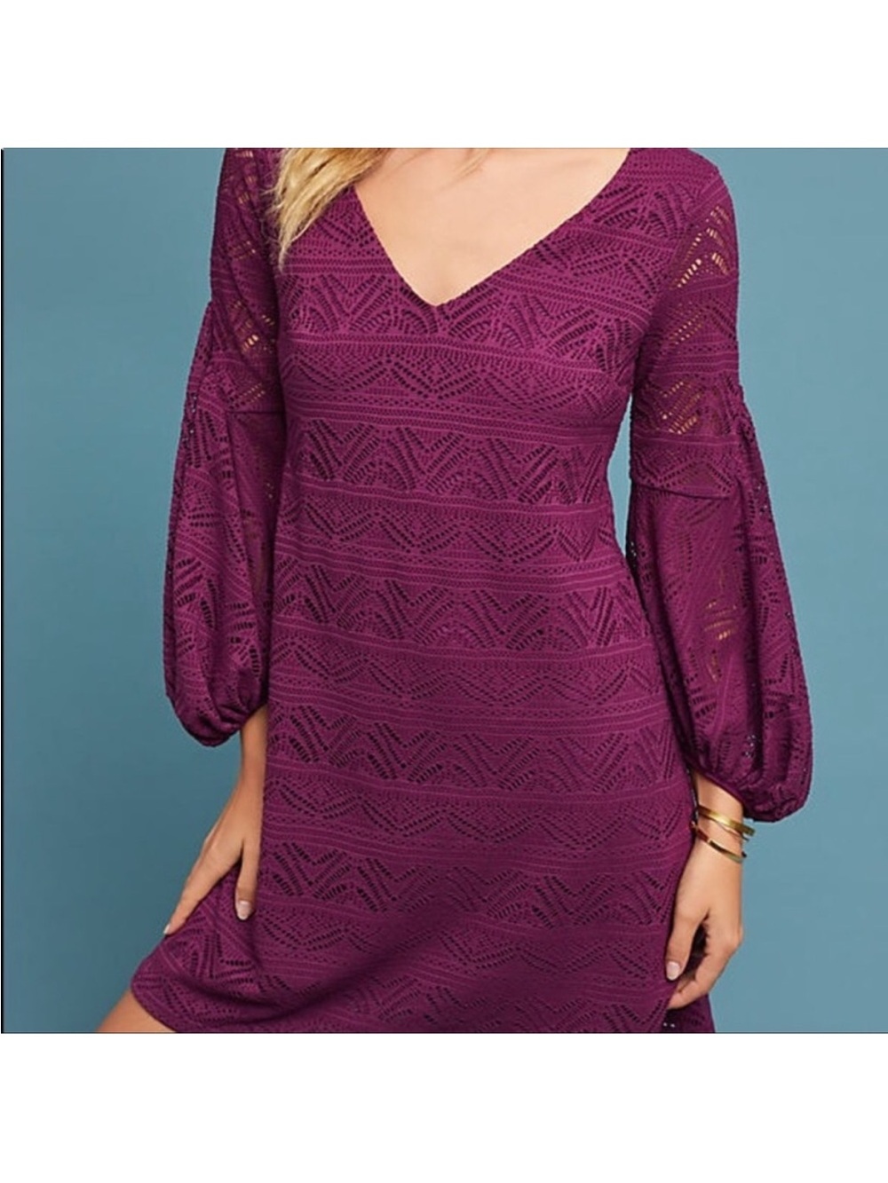 Anthropologie Maeve V-Neck Crochet Lace Bubble Sleeve Dress in Plum